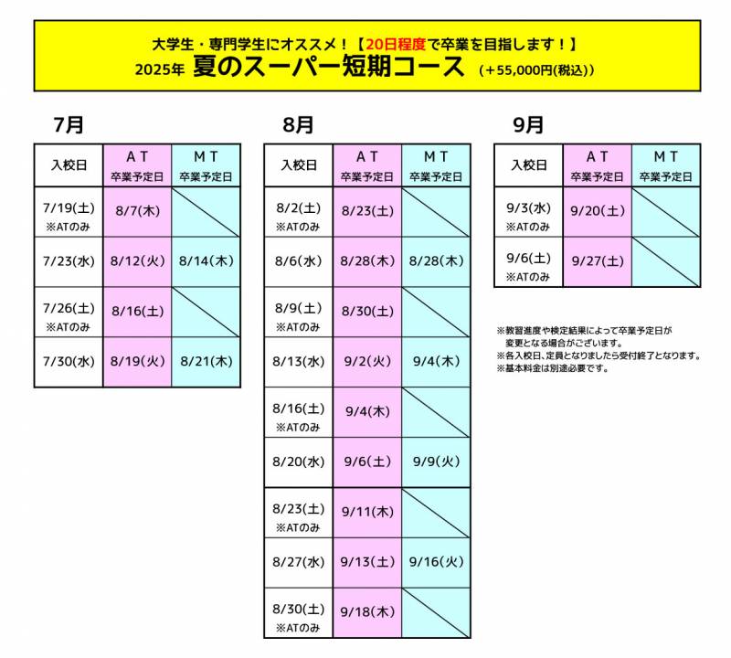 【予告】夏休み 最短20日間～の免許取得！スーパー短期コース【早割 22,000円引】WEB先行受付のお知らせ
