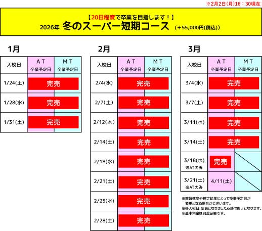 2026年 2月3月の短期コース 好評受付中～！